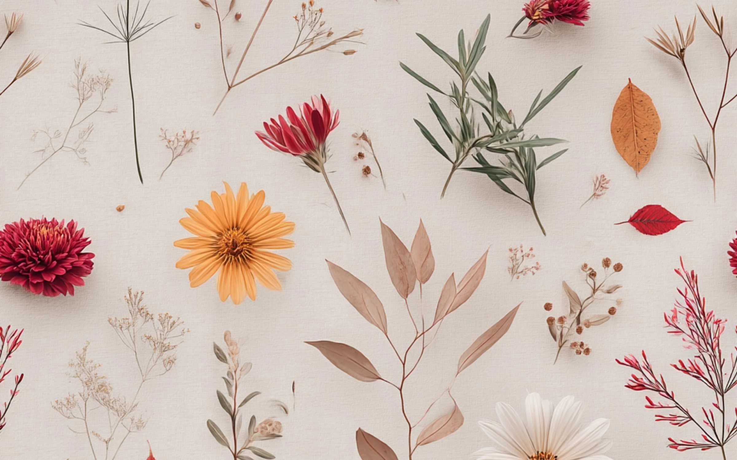 A flat lay of various dried and fresh flowers and leaves on a light background, including pink, orange, and red flowers, olive branches, and brown leaves.