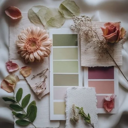 A flat lay of floral and fabric samples, including roses, petals, leaves, and color swatches, with a neutral background.