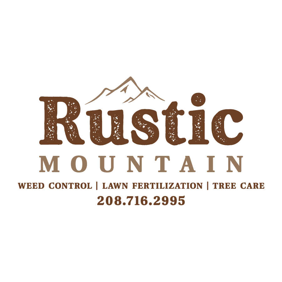 Logo for Rustic Mountain featuring mountain peaks, with services listed: weed control, lawn fertilization, and tree care, along with a contact number.