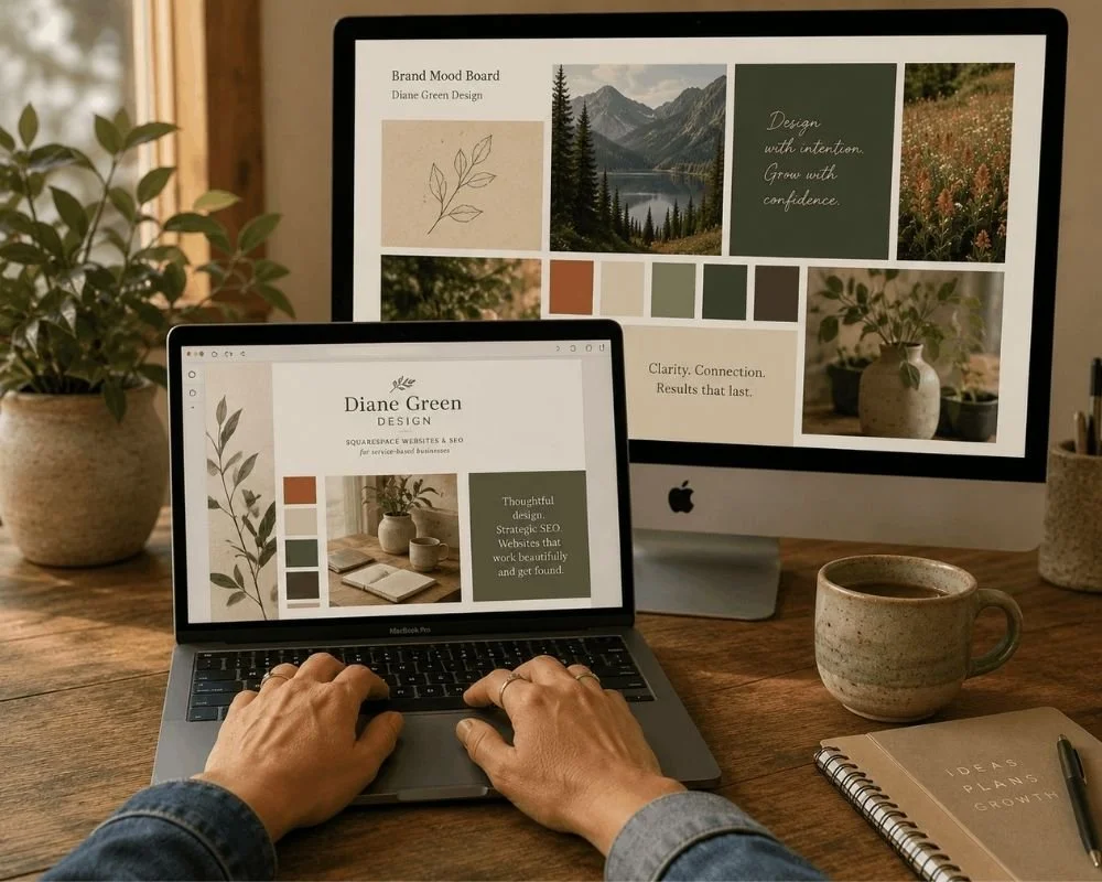A person working on a MacBook and an external iMac, both displaying design portfolios for Diane Green Design, on a wooden desk. The desk also has a notebook titled 'Ideas, Plans, Growth,' a ceramic cup of coffee, potted plants, and a pen.