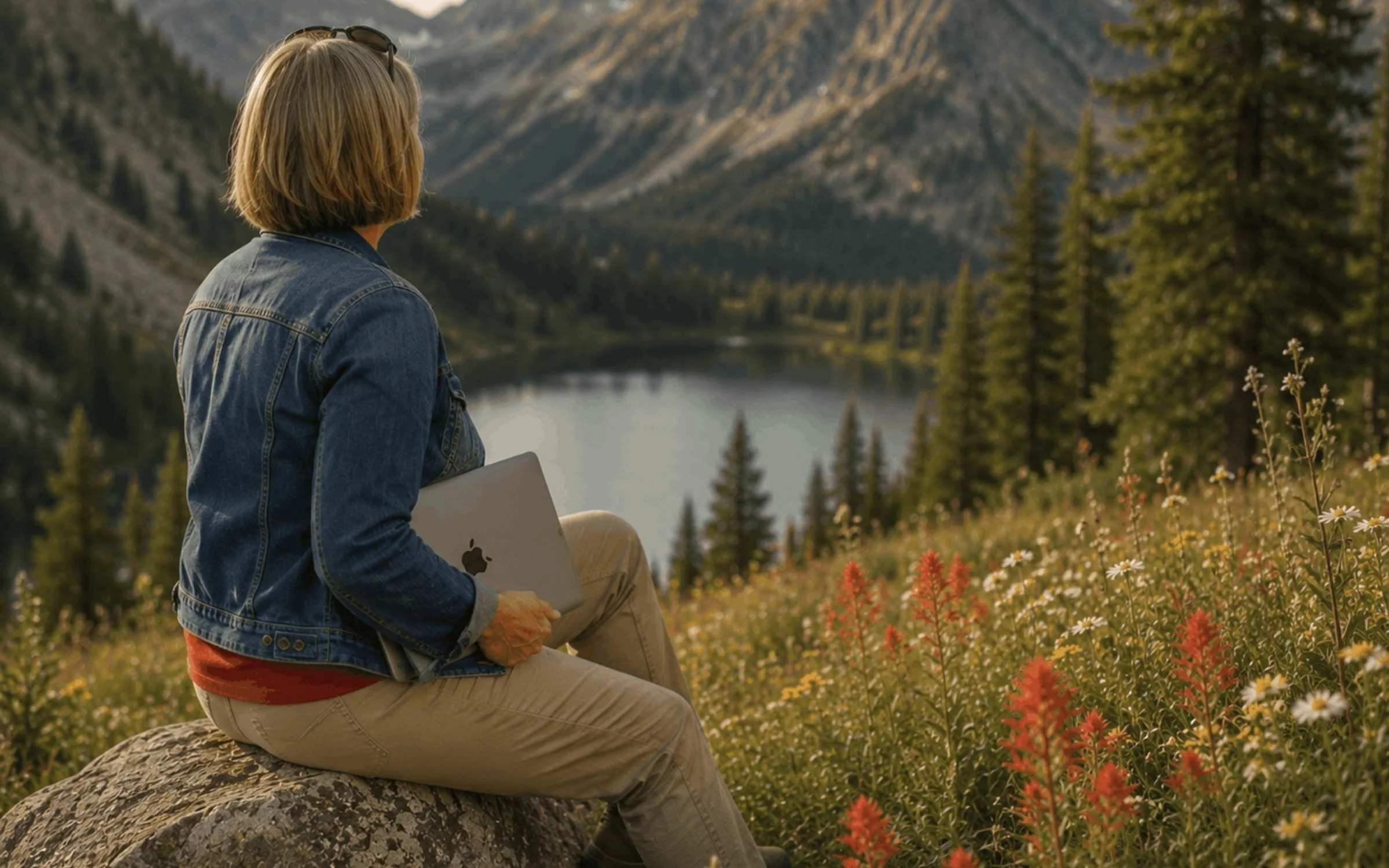 A woman with short hair, wearing a denim jacket and sunglasses on her head, sitting on a large rock, holding a silver MacBook, overlooking a mountain lake surrounded by trees and colorful wildflowers.