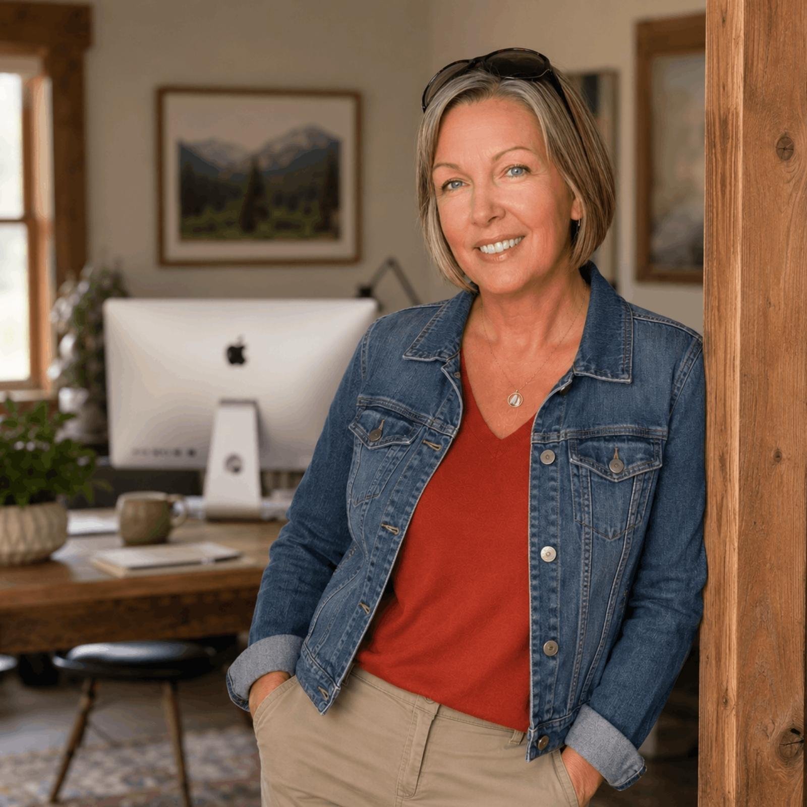 Smiling middle-aged woman with short gray hair, wearing sunglasses on her head, a denim jacket, and a red shirt, standing in a cozy web design office interior with a wooden beam and framed mountain landscape pictures in the background.