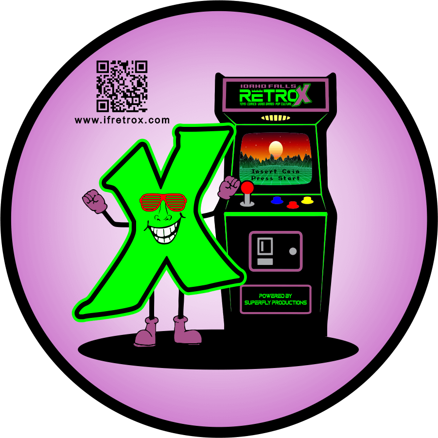 Animated character in the shape of a bright green letter X with sunglasses, smiling, standing next to a retro arcade game machine labeled 'Idaho Falls RetroX.' The arcade machine displays a sunset scene with mountains, and the character is raising one fist in excitement.