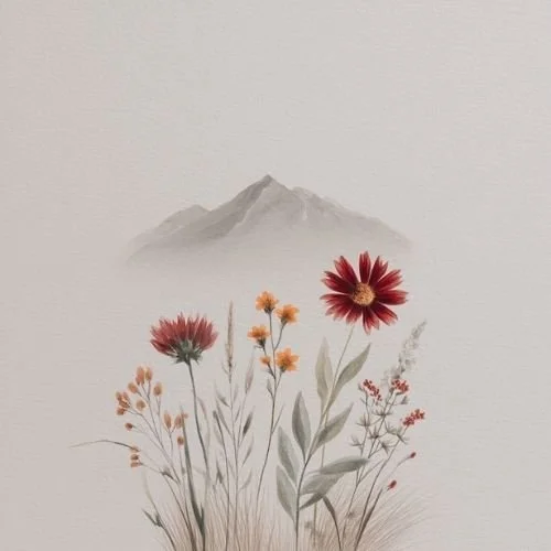 Watercolor painting of a mountain in the background with various flowers in the foreground.