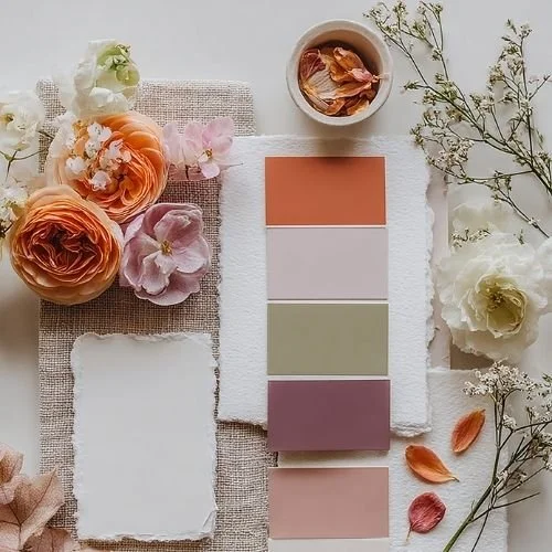 Flat lay of flowers, color swatches, and a cup with flower petals on a light background.