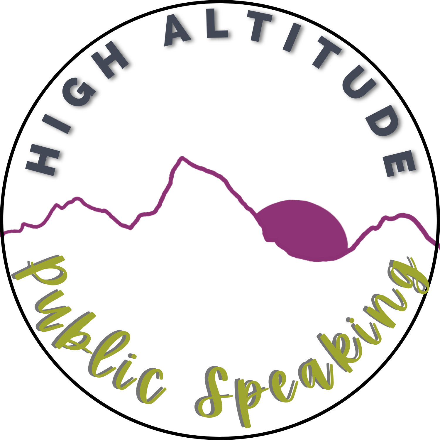 Circular logo with mountains at sunset, the sun in purple, and text reading "High Altitude Pulaski Spearing" in navy and olive green.