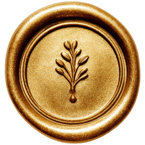 A gold wax seal with a botanical leaf design embossed on it.