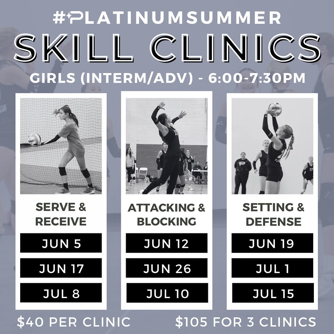 ✨ #PlatinumSummer Girls Skill Clinics 💪🏽
Looking to stay active and hone your volleyball skills during the off season? You&rsquo;ve come to the right place 😎 REGISTRATION IS OPEN! 📋

At Platinum, we&rsquo;re offering 3 different types of skill cl
