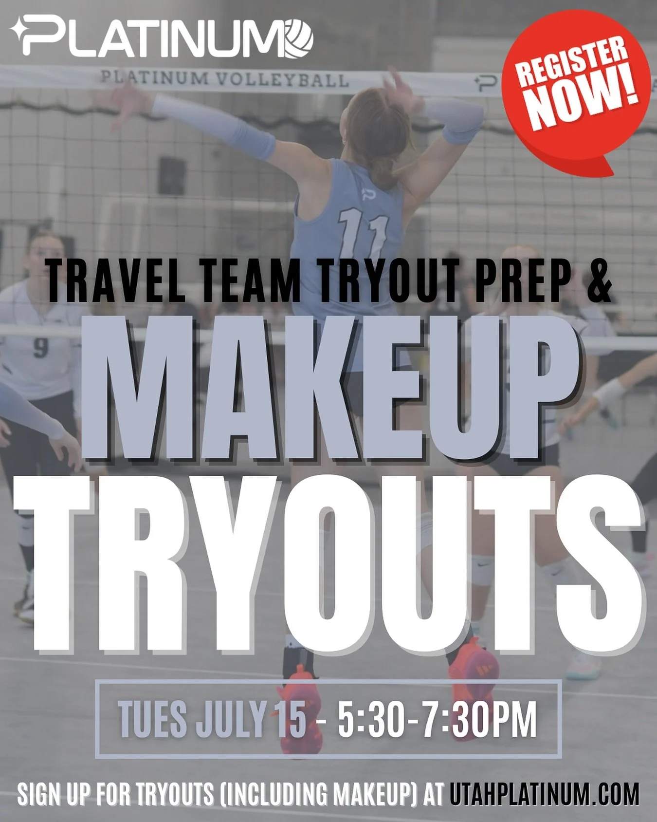🏐 Platinum Girls Travel Team Tryout Prep Clinic &amp; Makeup Tryout
📅 Tuesday July 15
🕠 5:30-7:30pm
💰 FREE if registered for tryouts
📍 Platinum Volleyball
571 Deseret Drive, Kaysville

We can&rsquo;t believe girls&rsquo; travel team tryouts are 