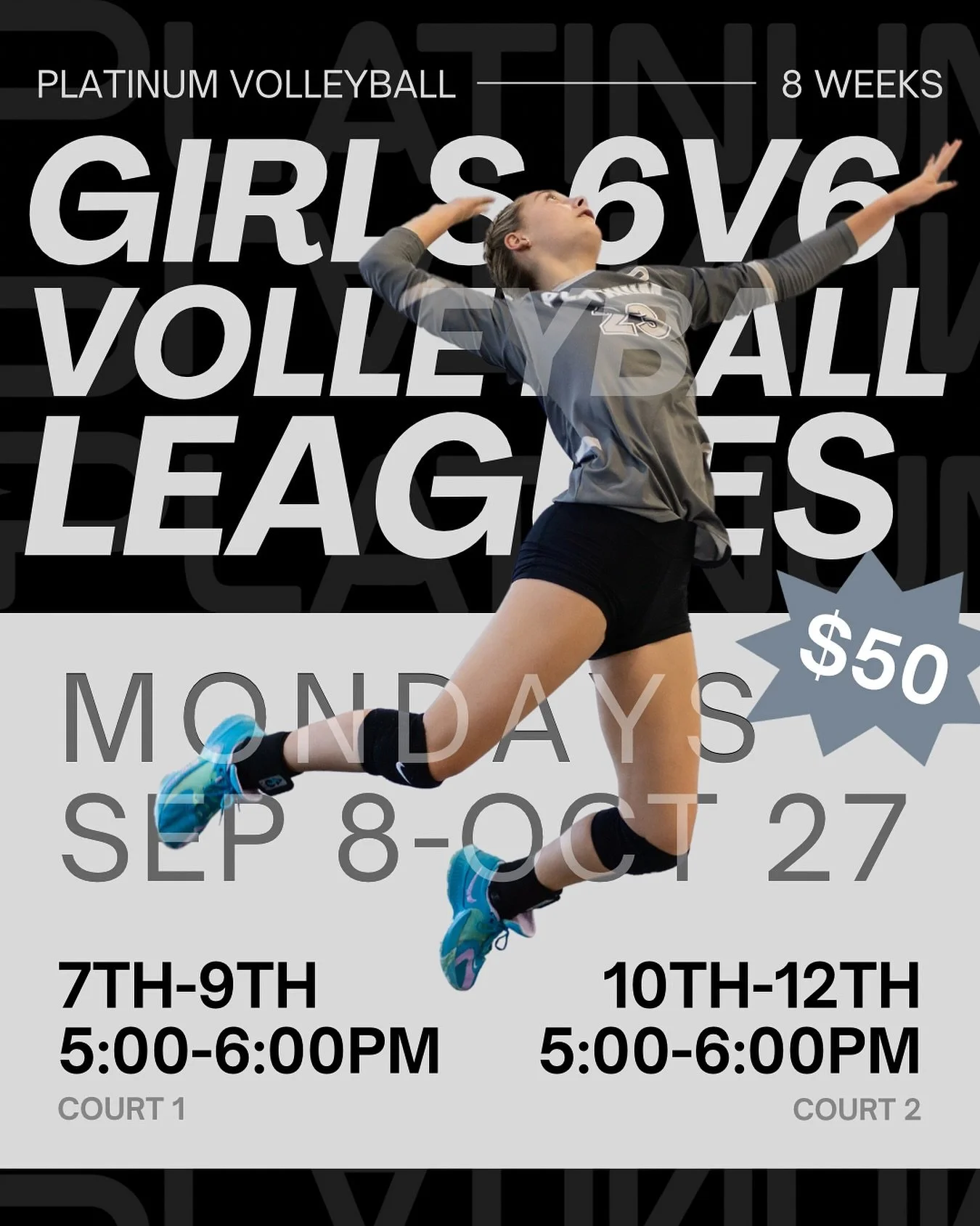 Introducing Platinum Youth 6v6 Partner Leagues! 8 weeks of 6v6 play. Sign up with a friend or make some new friends in our fall volleyball leagues!

2 players will be put into a pair and assigned a team number as a partnership. Each week, the partner