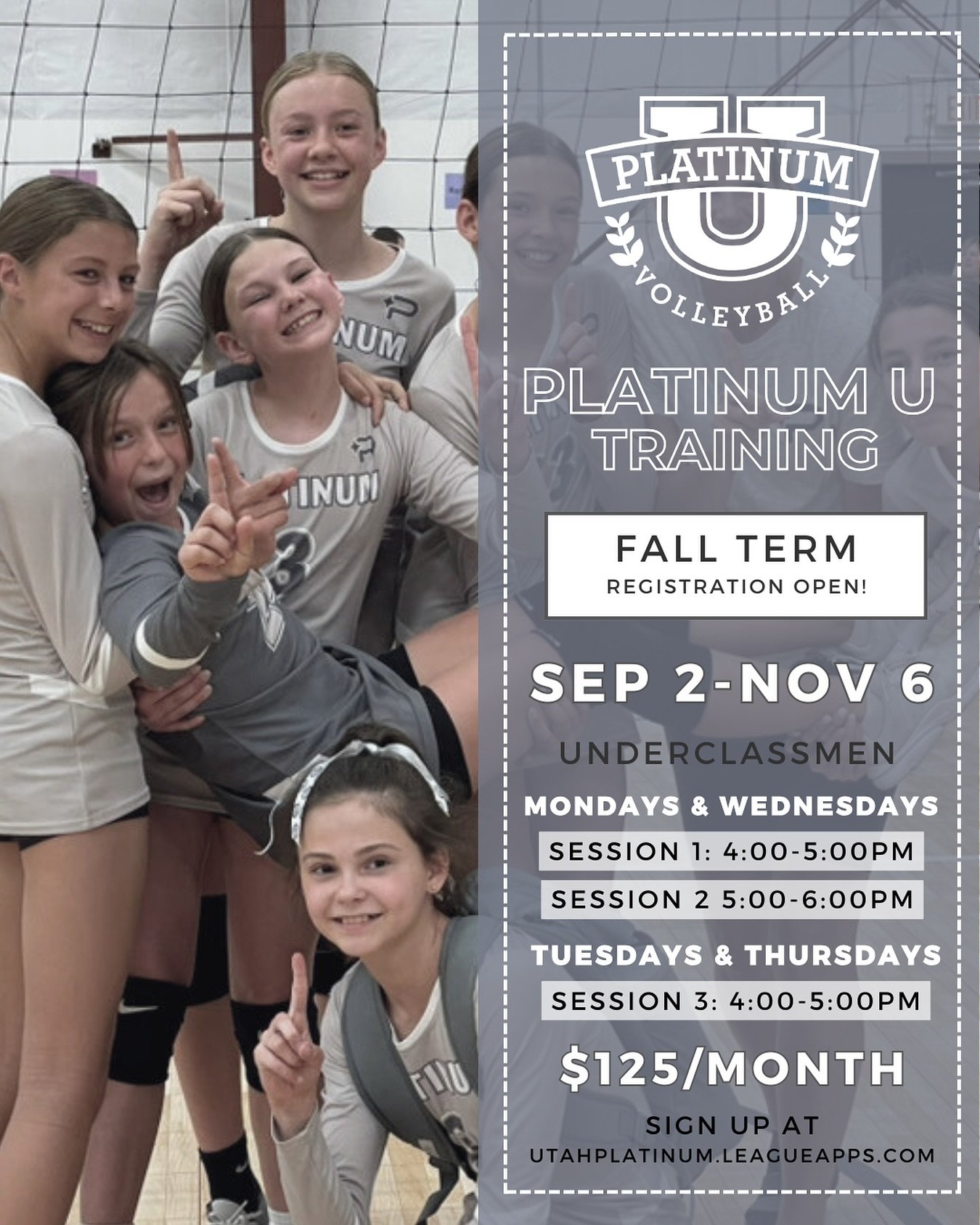 🎓 Platinum U Training Program 🏐
Fall Term - Levels 1 &amp; 2
REGISTRATION OPEN!

Level up this fall in our weekly Platinum U training sessions! Work on specific skills and get dedicated coaching from our Plat U teachers. 

Underclassmen courses are