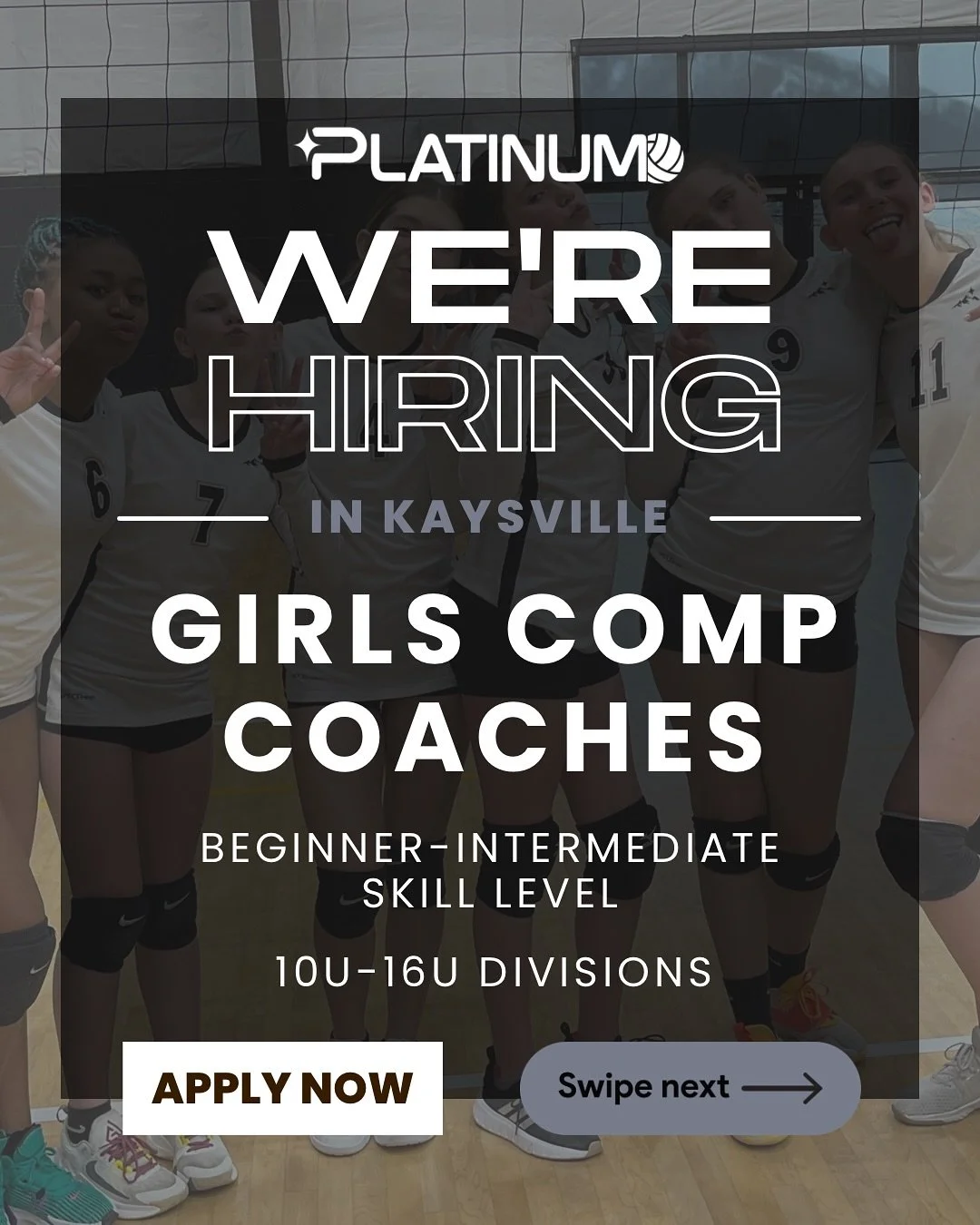 We are looking for new and experienced coaches with a passion for volleyball to join our Platinum Squad for the upcoming girls&rsquo; comp volleyball season.

Why join our squad?

💪🏻 Develop strong athletes on and off the court and share your passi
