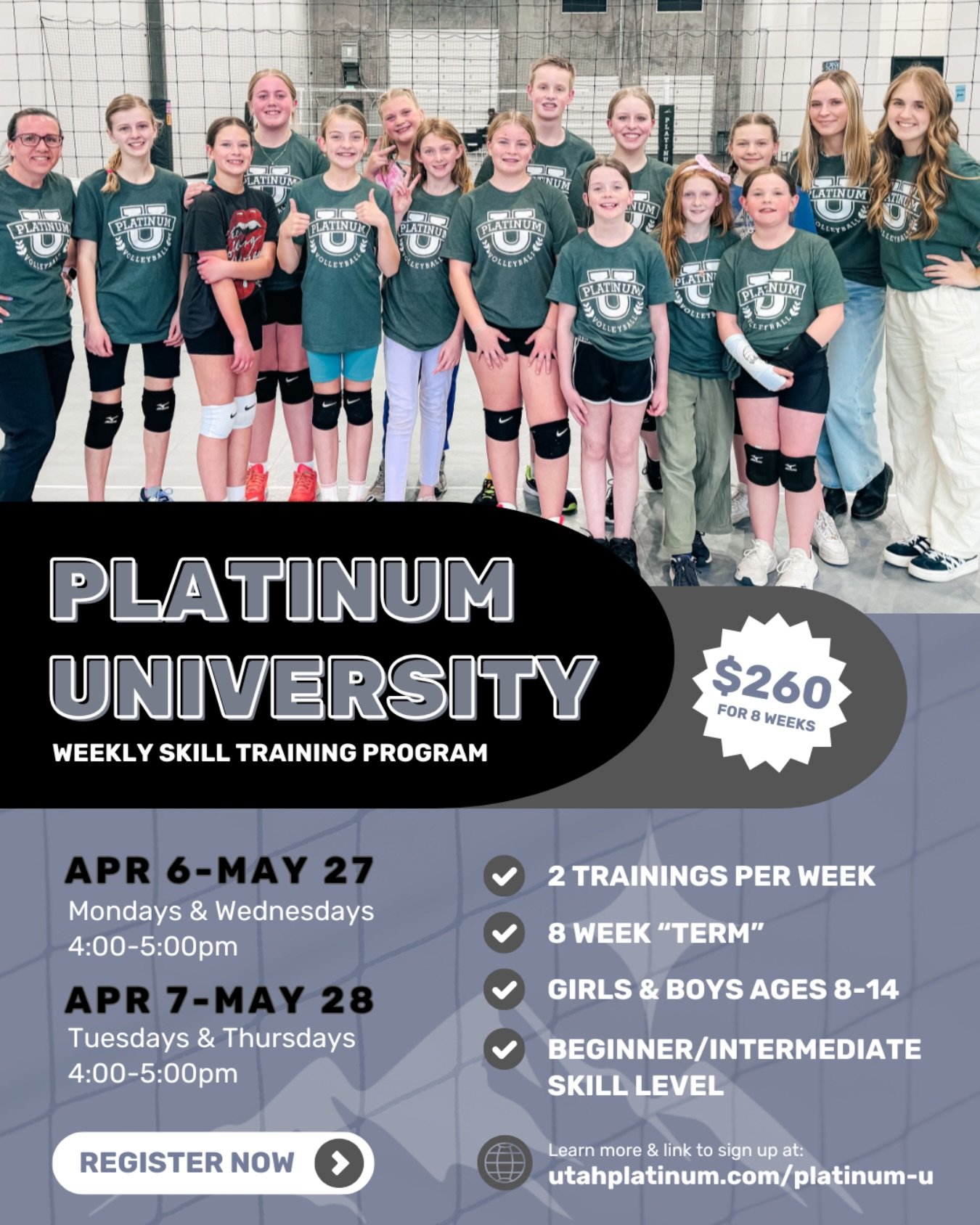 🎓 Platinum U Training Program 🏐
Spring Term - Levels 1 &amp; 2
REGISTRATION OPEN!

Level up this spring in our twice weekly Platinum U training sessions! Work on specific skills and get dedicated coaching from our Plat U teachers. 

Underclassmen c