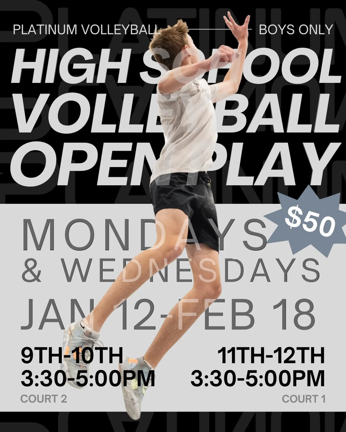 🚨 Boys High School (9th-12th grades) Open Play
🗓️ January 12-February 18
🏐 Mondays &amp; Wednesdays 
🕞 3:30-5:00pm
💰 $50 for 6 weeks of play
📍 Platinum Volleyball - 571 Deseret Drive, Kaysville

Sign up NOW at link in bio before spots fill up t