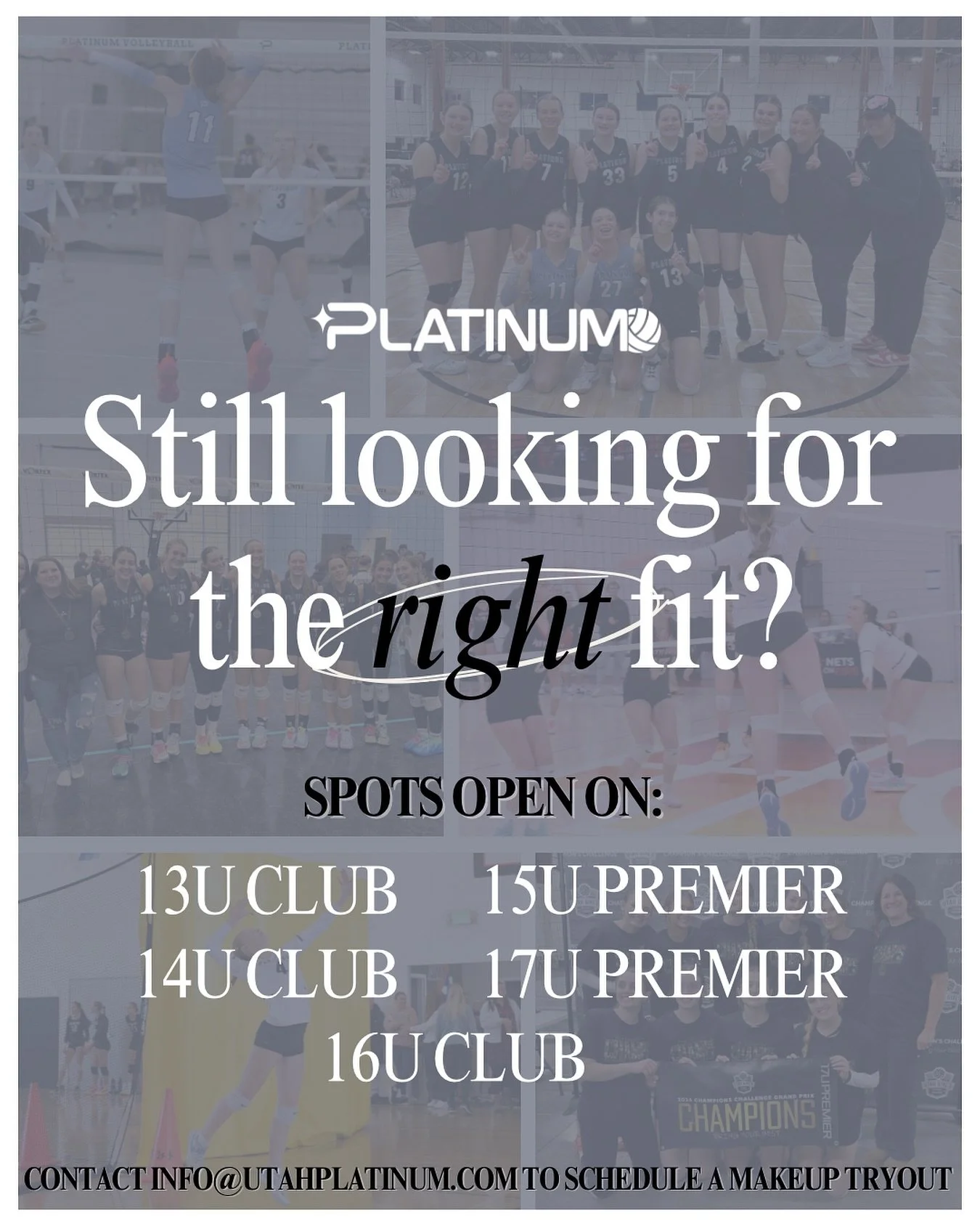 ‼️ Girls Comp Team Open Spots
🏐 Premier &amp; Club Levels
✨ Varied Ages
📅 Contact to schedule

Girls Comp Season is starting SOON! We have filled most of the spots on our comp teams for the upcoming season, but we have a couple teams with 1 or 2 sp