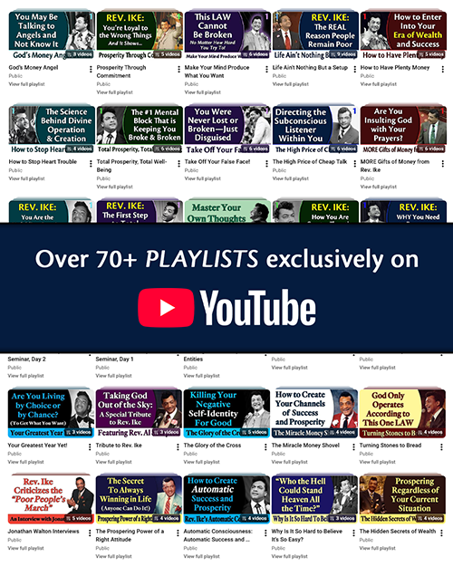 Collage of thumbnail images featuring Rev. Ike's YouTube playlists.