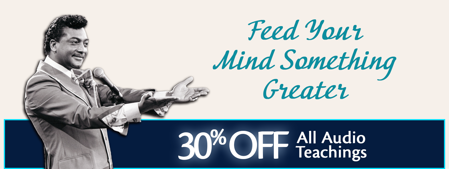 Black and white image of Rev. Ike; text says "Feed Your Mind Something Greater" and "30% OFF All Audio Teachings"