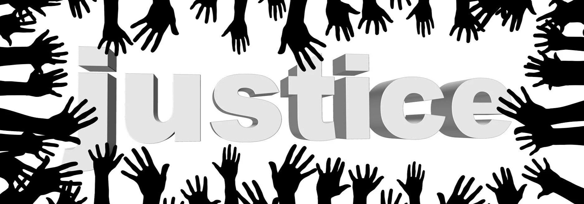 Word 'Justice' in large 3D letters surrounded by numerous black silhouettes of outstretched hands reaching towards it.