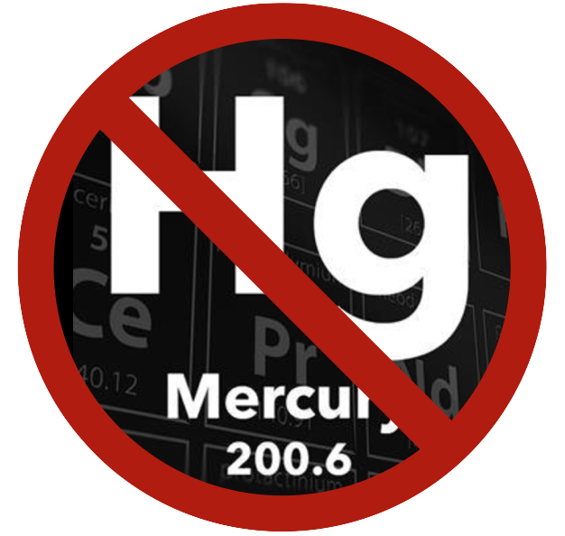 Prohibition sign over the chemical mercury with the symbol Hg and atomic number 80.