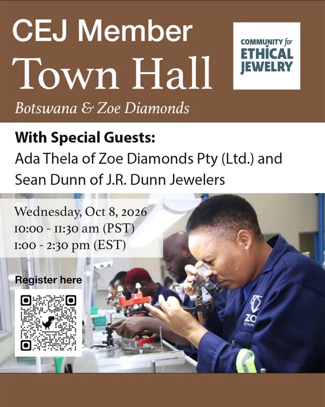 CEJ Member Town Hall: Botswana &amp; Zoe Diamonds
October 8, 2026 | 1:00 PM Eastern

Join us for a CEJ Member Town Hall - a conversation about what a responsible and transparent jewelry supply chain looks like when it actually works.

We'll introduce