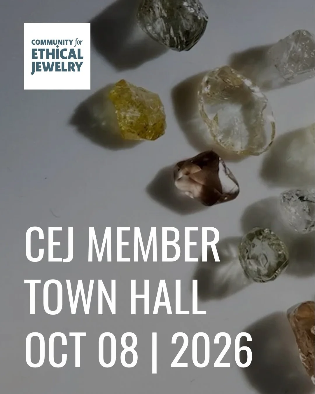 Community for Ethical Jewelry&rsquo;s Town Hall Meeting

CEJ Member Town Hall: 
Responsible Diamond Sourcing Town Hall 

With Ada Thela from Zoe Diamonds and Sean Dunn from @jrdunnjewelers 

October 8, 2026 | 1:00 - 2:30pm PM Eastern

Join us for a C