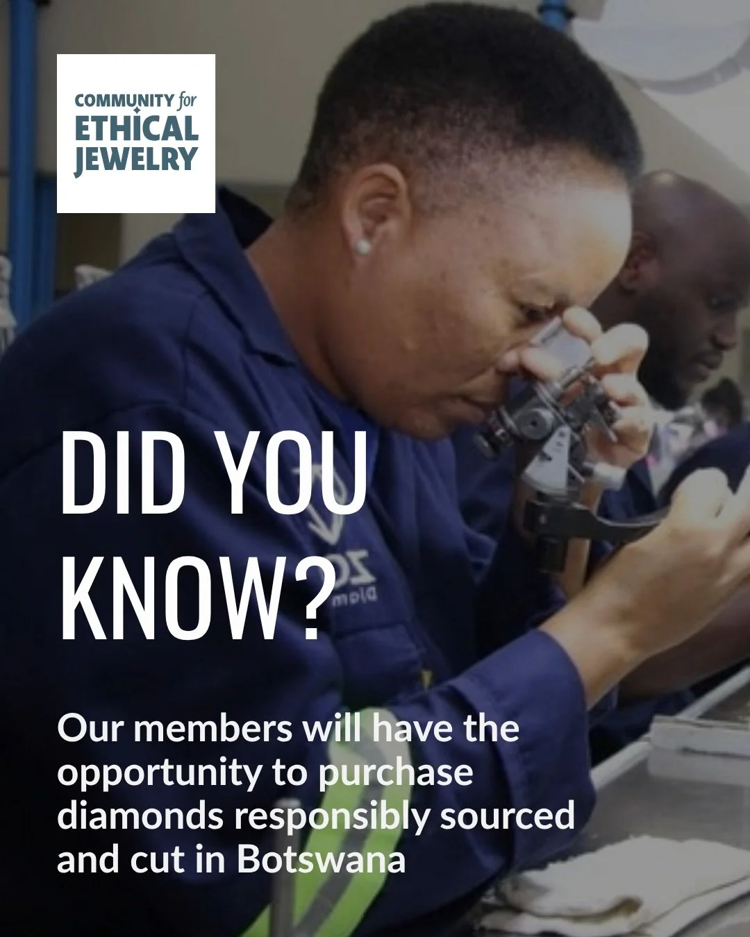 DID YOU KNOW?
Our members will have the opportunity to purchase diamonds responsibly sourced and cut in Botswana

Find out at our upcoming CEJ Member Town Hall on traceable diamonds.

October 8, 2026
10:00 AM - 11:30 PM PST | 
1:00 PM - 2:30 PM EST

