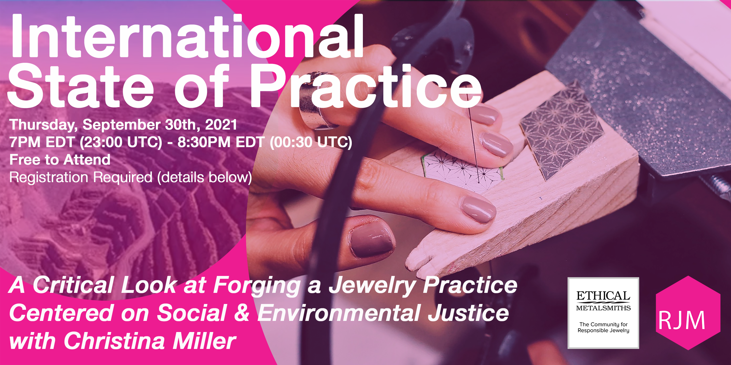 Promotion for the 'International State of Practice' event scheduled for September 30th, 2021, from 7 PM to 8:30 PM EDT, featuring a close-up of a person using a jewelry saw on a small wood block with patterned design papers.