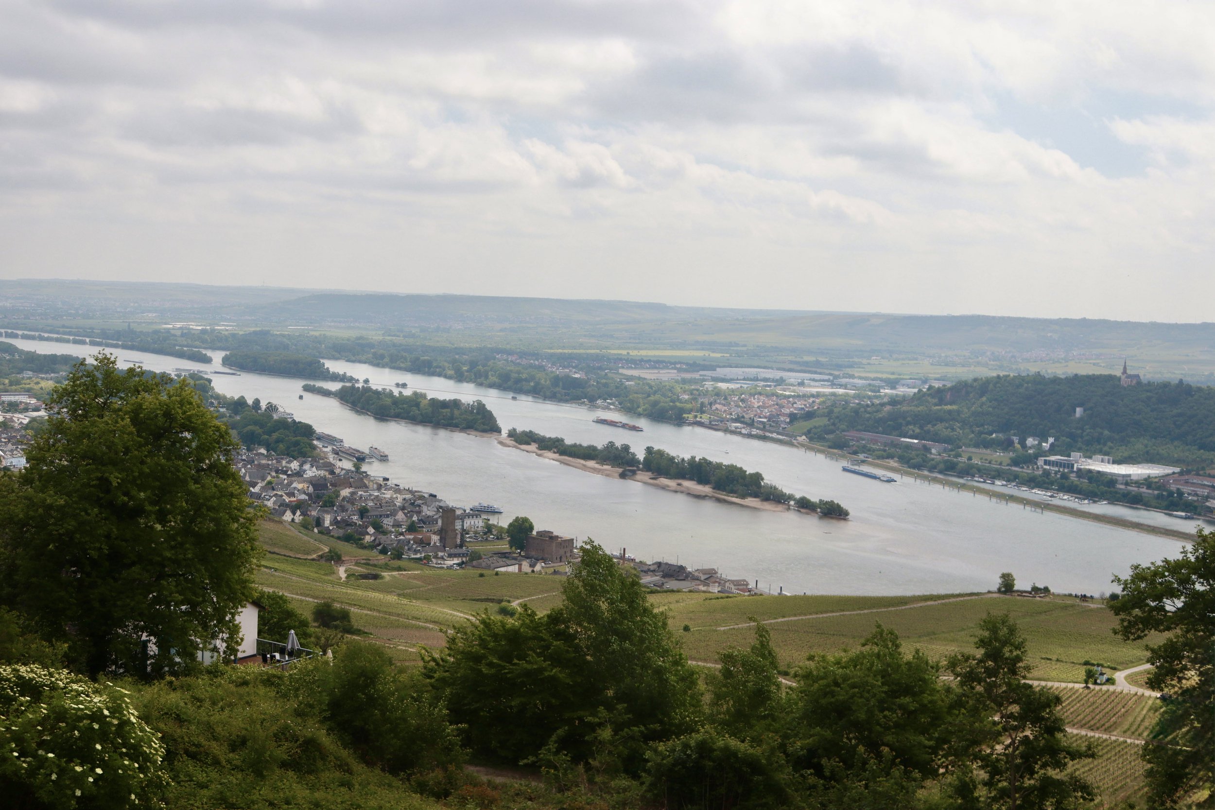 A wide view of a river surrounded by green land, trees, and a small town with rooftops, with a hill and a church in the background under a partly cloudy sky.
