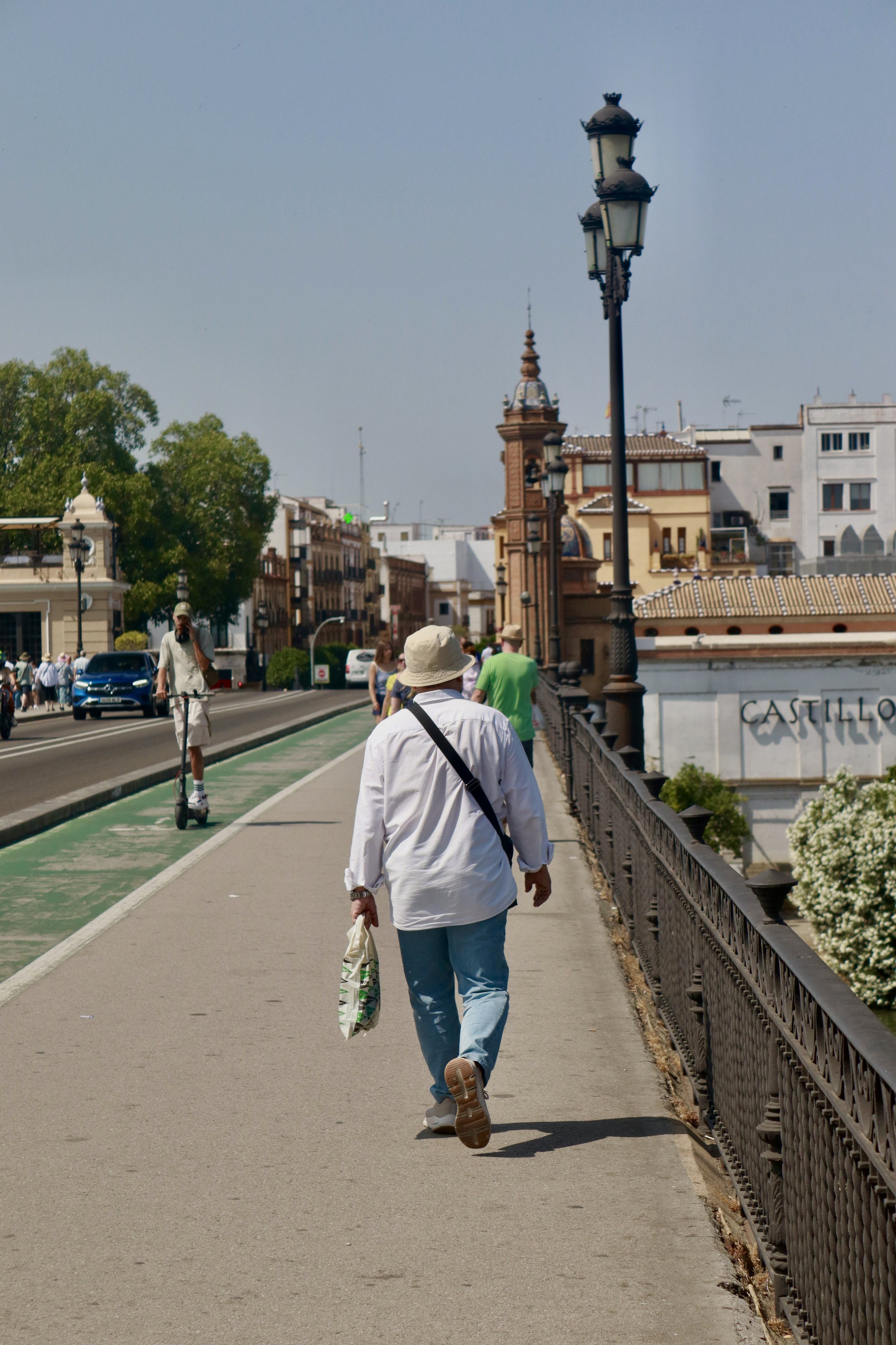 A person walking on a sidewalk along a bridge with old-style lamp posts and buildings in the background, daytime weather.