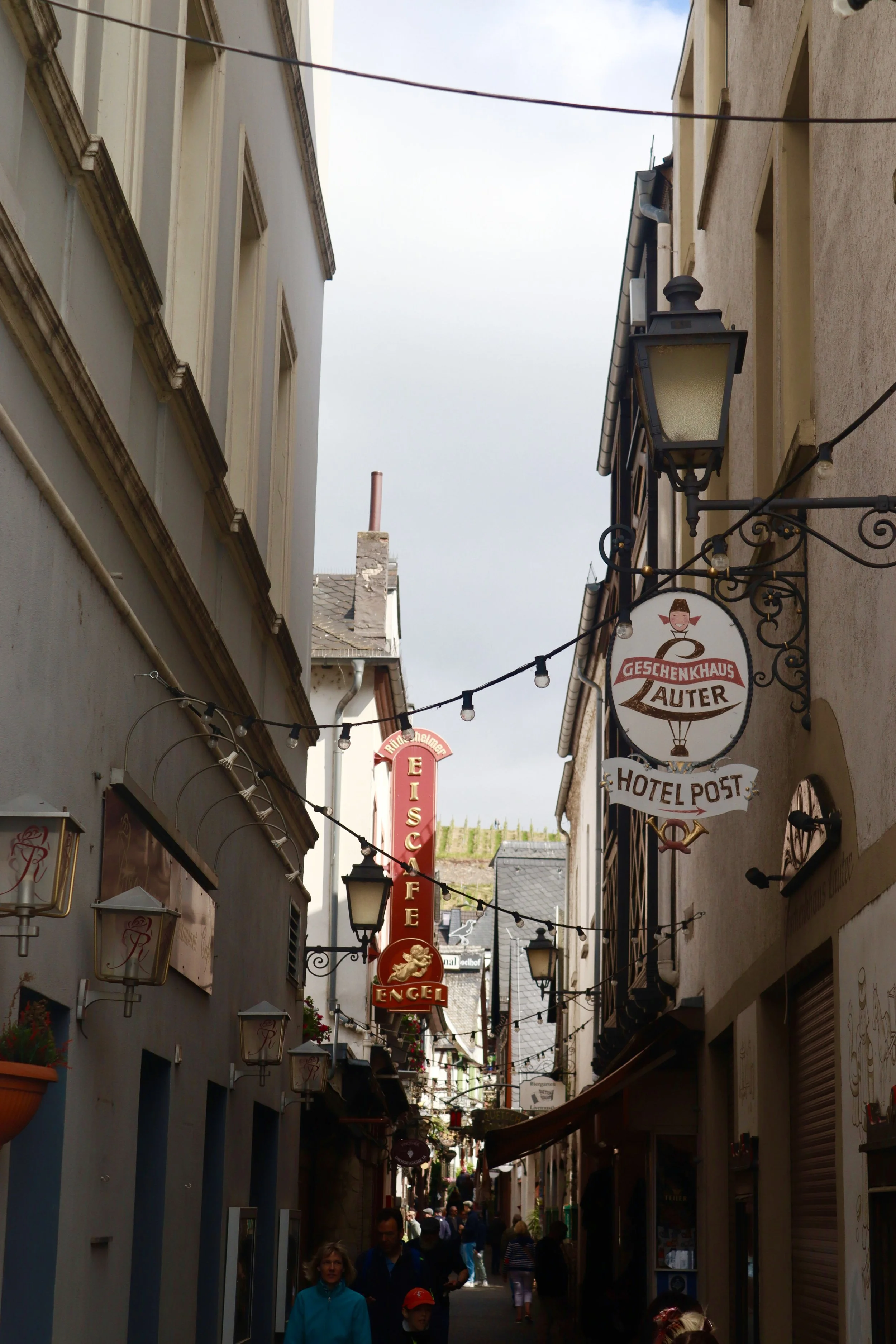 A narrow European street with hanging signs for various businesses, including an ice cafe, a gift shop, and a hotel, with pedestrians walking and a vineyard visible on a hill in the background.