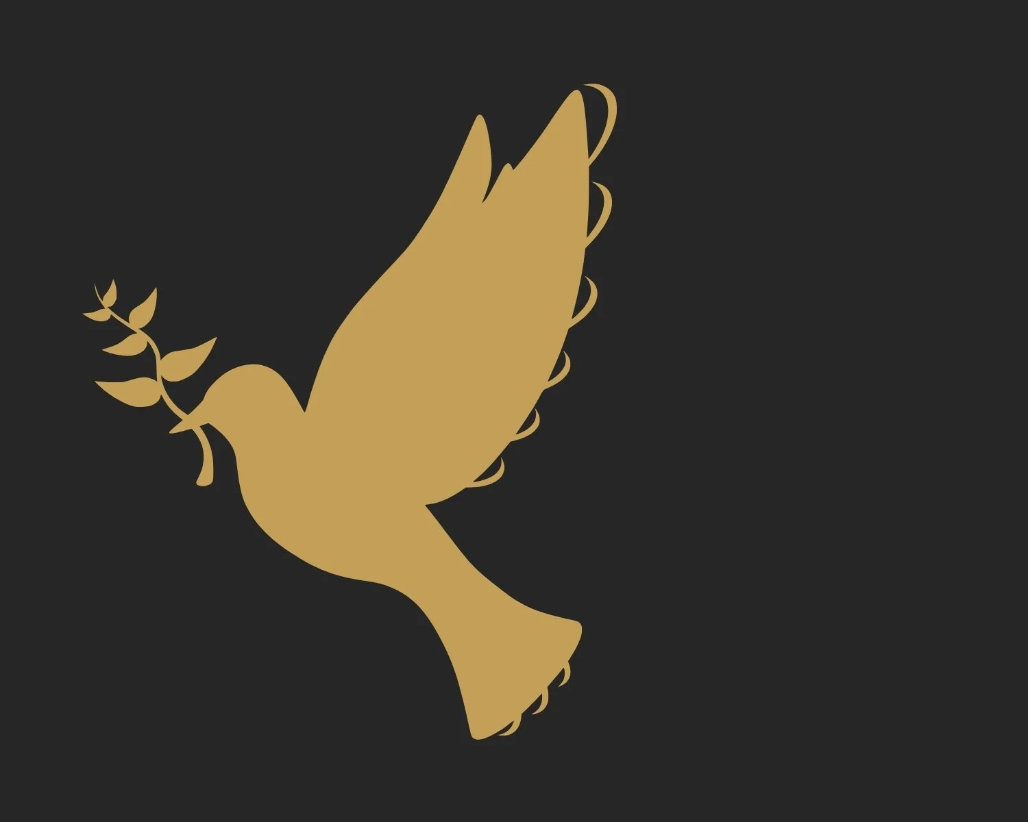 A minimalist gold silhouette of a dove holding an olive branch against a black background.