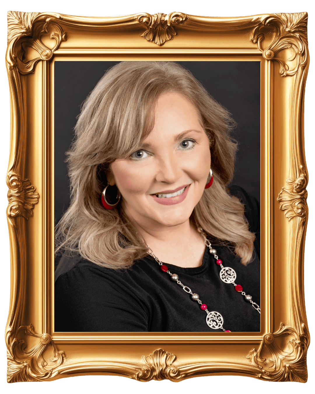 Founder Melissa Vinson with shoulder-length blond hair and a warm smile. She wears a black shirt, bold red hoop earrings, and a silver and red beaded necklace. The portrait is set in an ornate gold frame against a dark, minimal background.