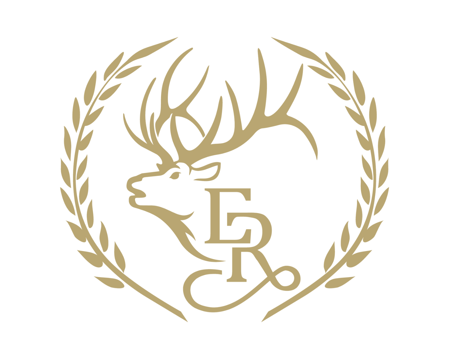 Gold Elk Ridge logo featuring a side-profile stag with large antlers, surrounded by a laurel wreath, with the letters “ER” intertwined at the bottom.