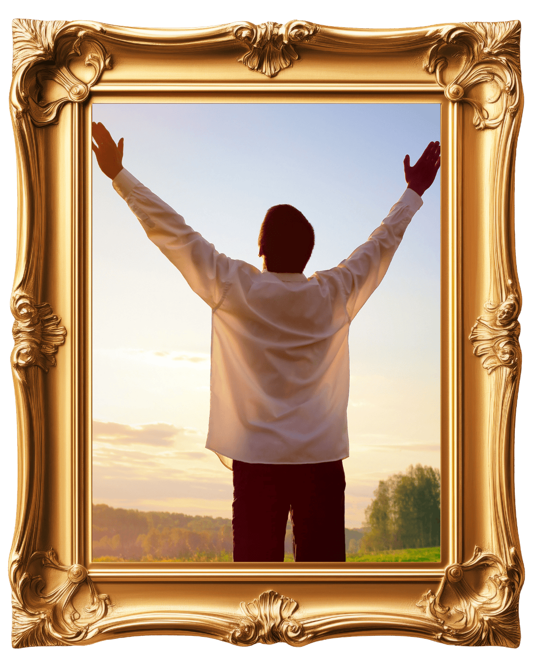 Person standing outdoors at sunrise with arms raised, seen from behind, framed by an ornate gold picture frame.