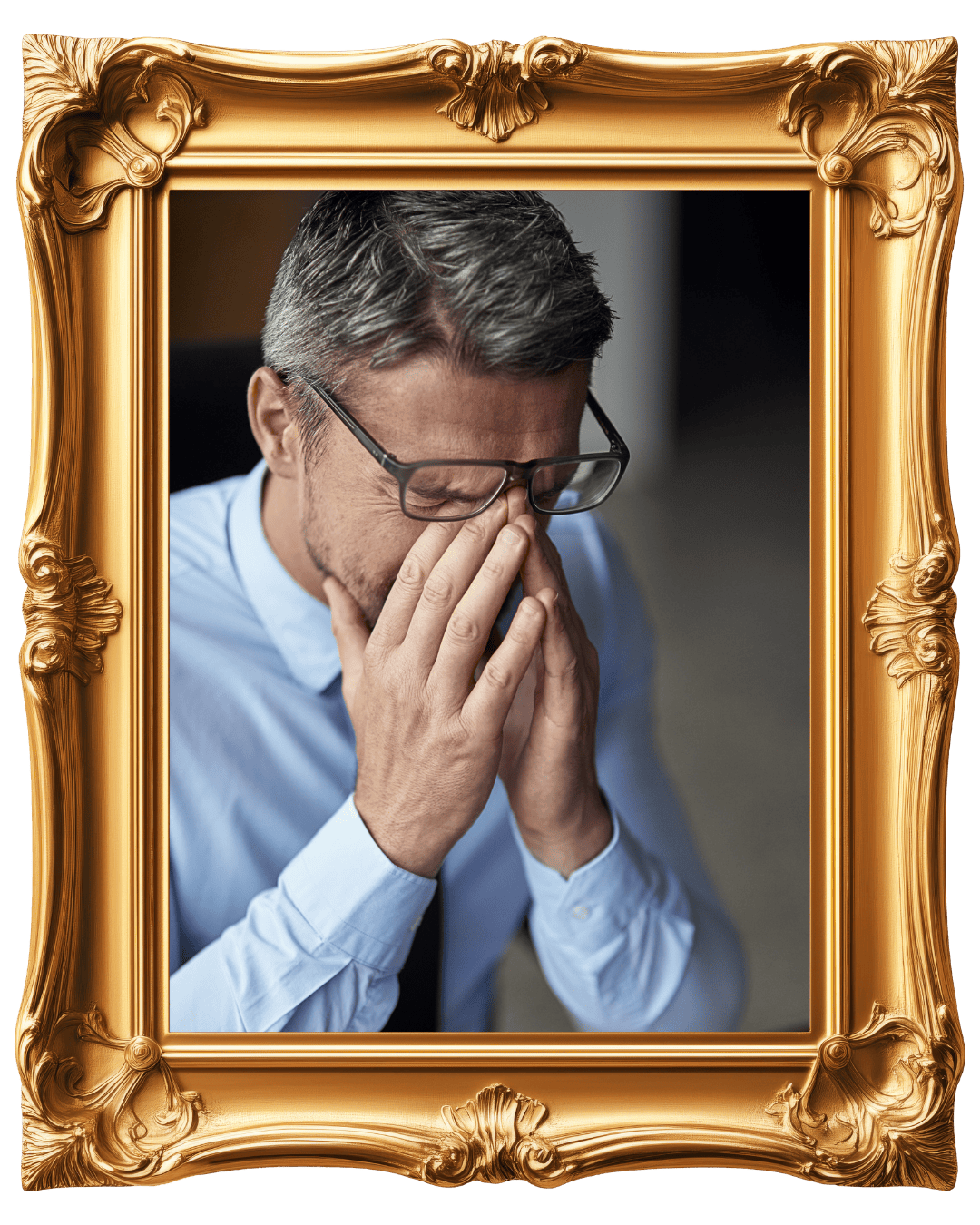 Man in glasses holding his nose and face in distress, framed in an ornate gold frame.