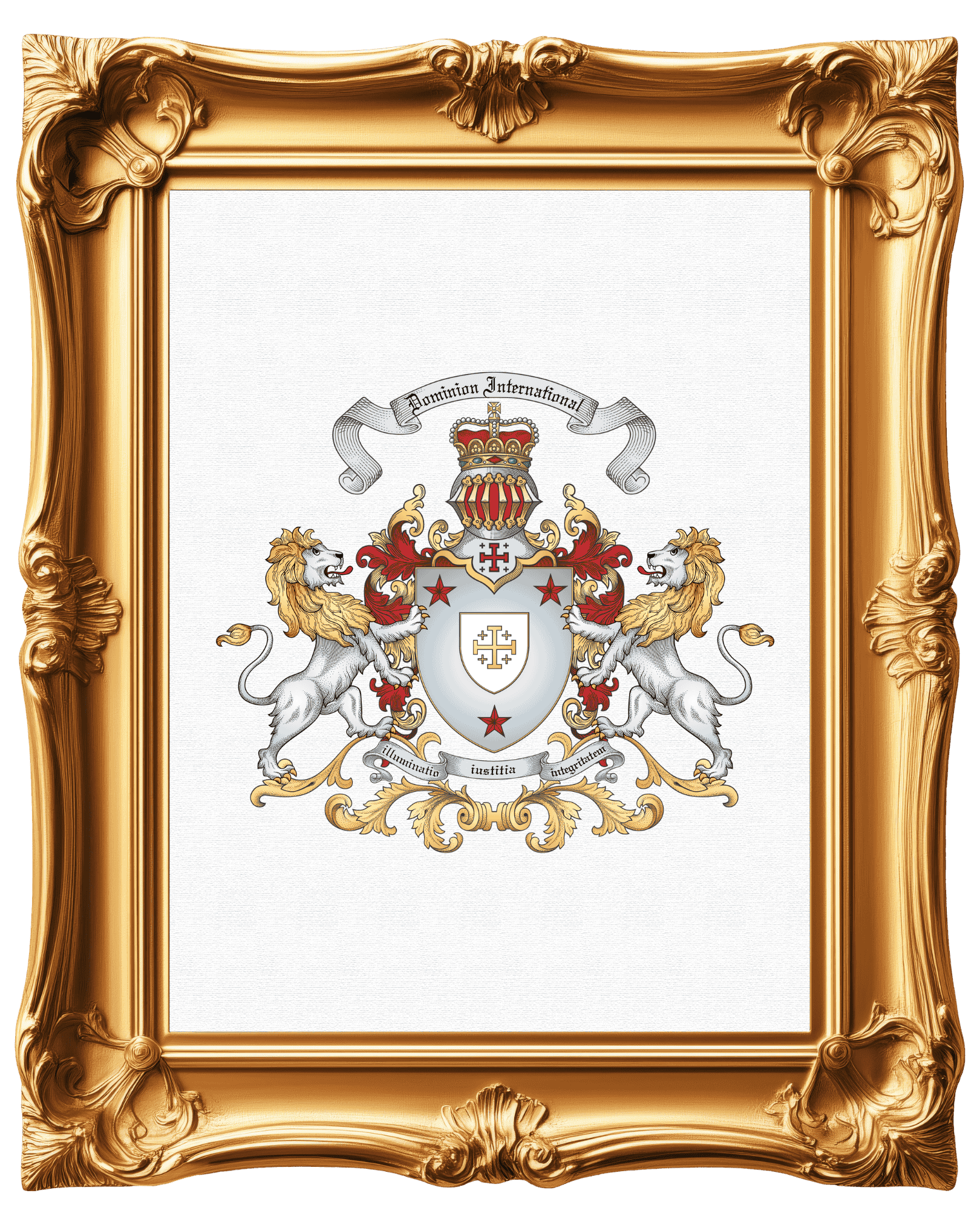 Dominion International logo featuring a shield with lions, a crown, and Latin banners, framed in an ornate gold frame.