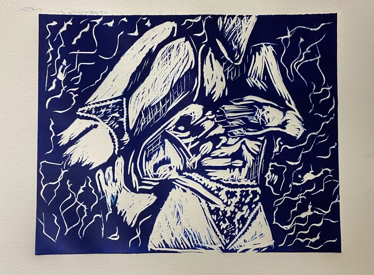 Learning to swim/ water fear - linocut