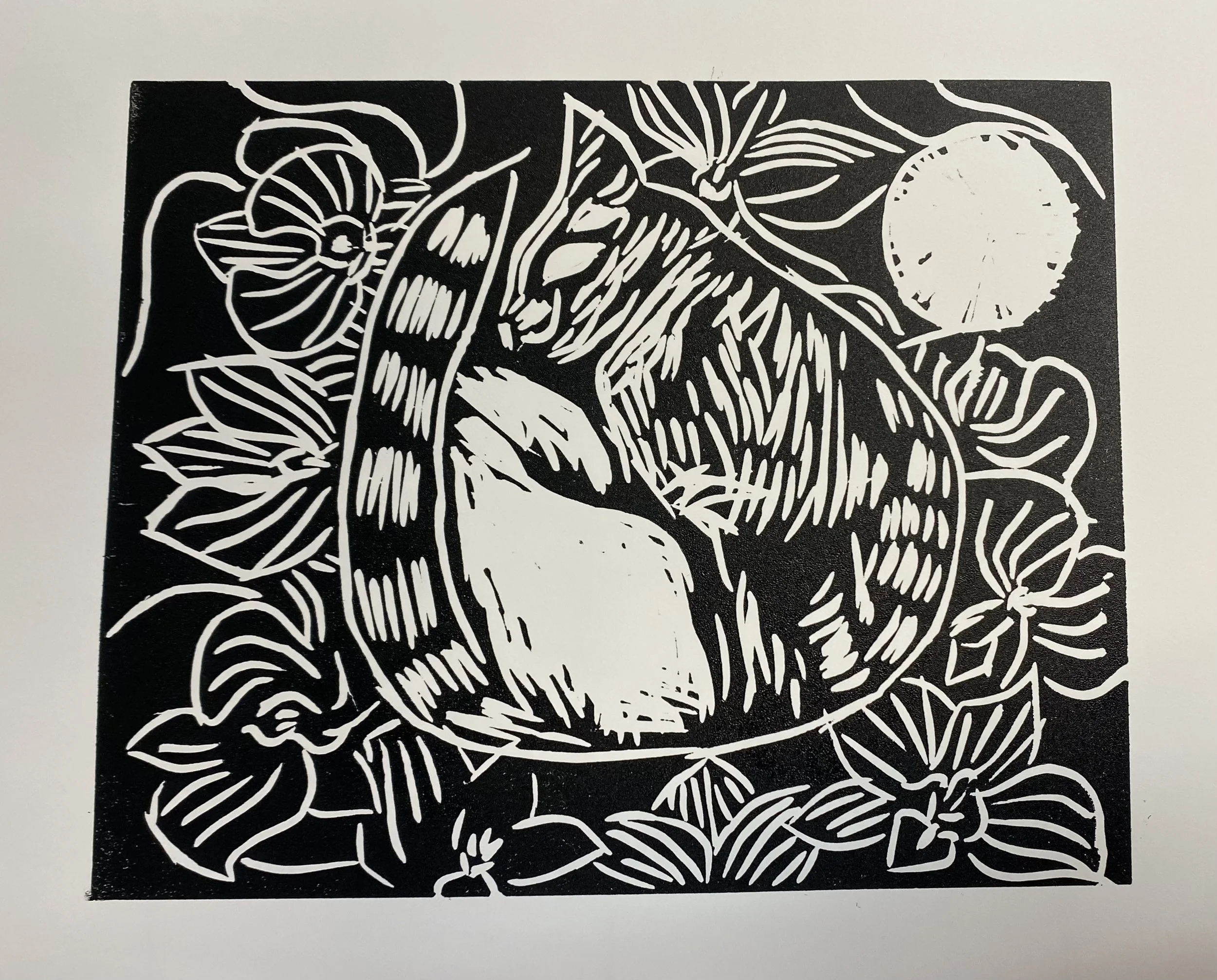Cat in orchids - linocut 