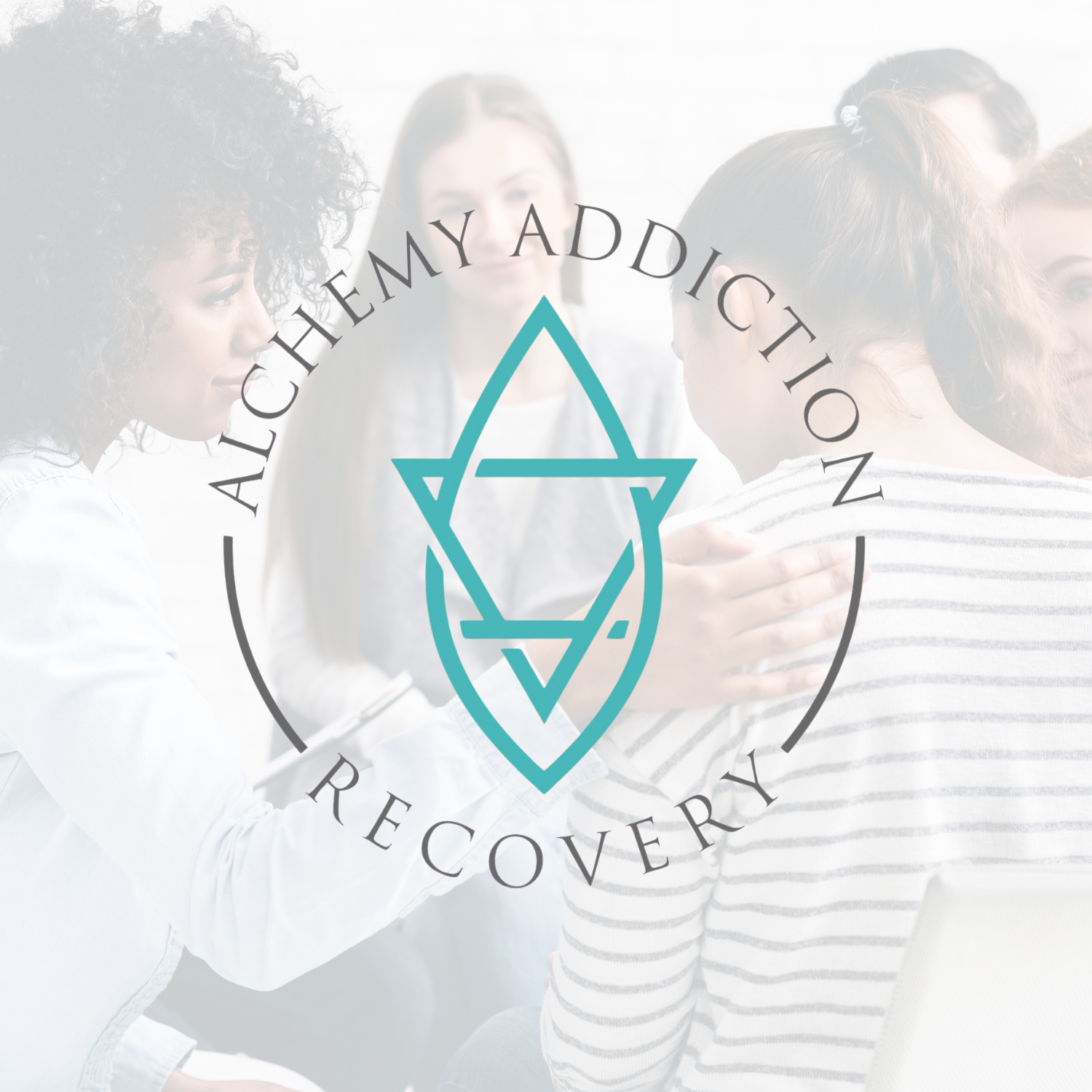 A group of women participating in Alcoholics Anonymous Recovery program, with a logo overlay reading 'Alcoholic Addiction Recovery'.