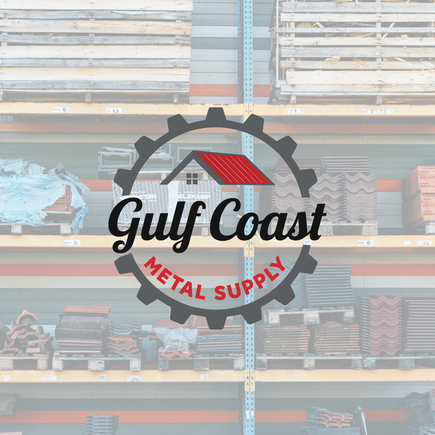 Background of metal shelves with roofing materials and tiles, with 'Gulf Coast Metal Supply' logo in front.