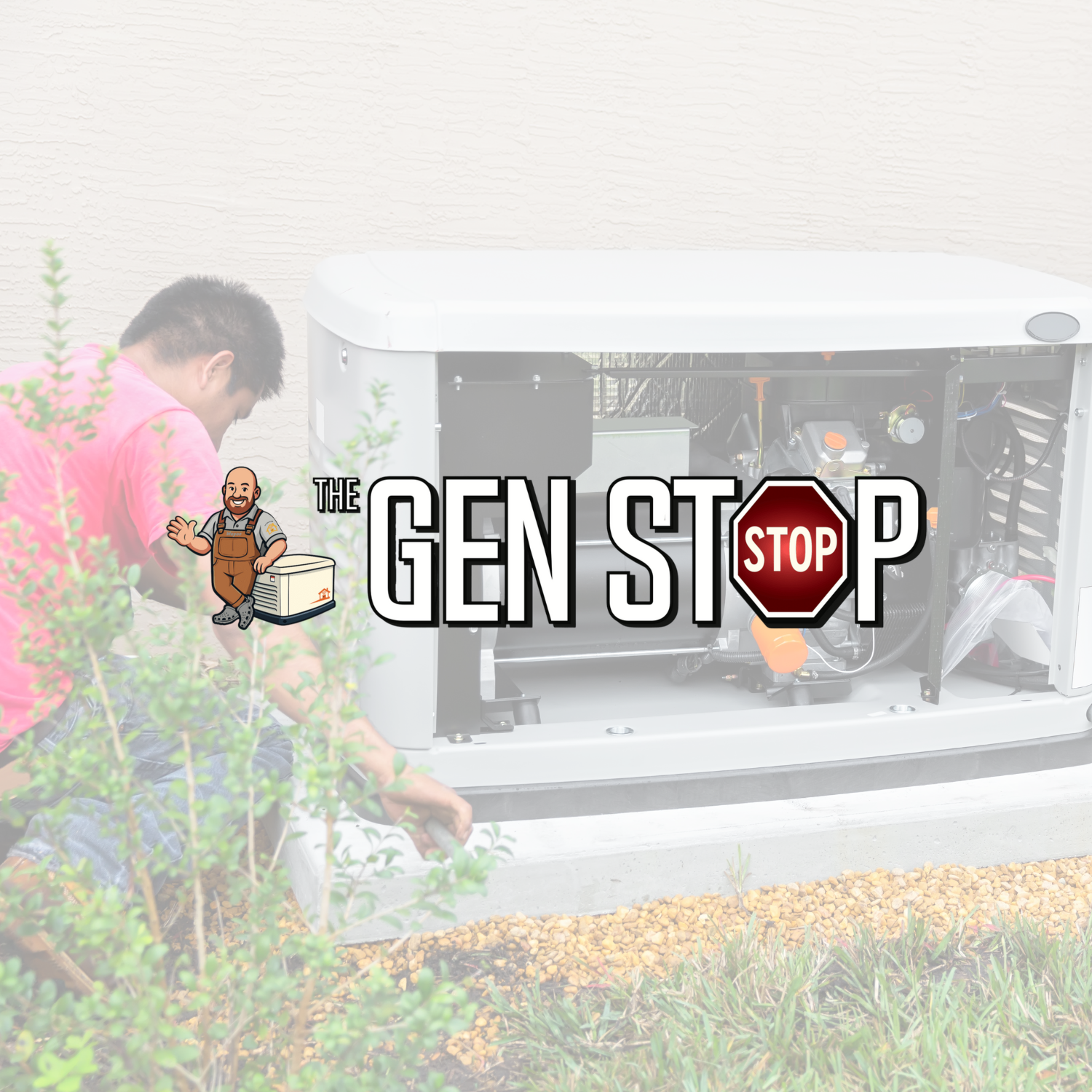 Man working on an outdoor generator or HVAC unit while surrounded by plants and greenery.