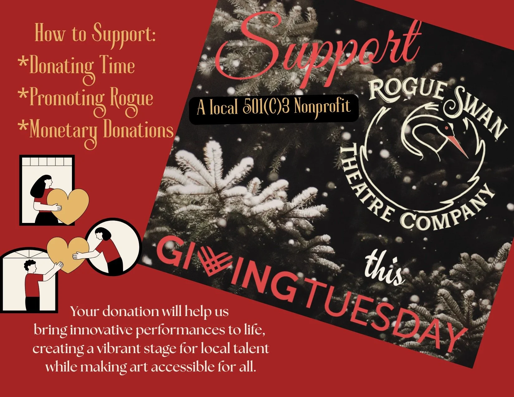 Giving Tuesday! 
There is more than one way to give. Thank you to all who have supported Rogue! 
Whether you have given financially, given your time, or have encouraged others to come out and see us, we are incredibly grateful for you all. 
If you ar