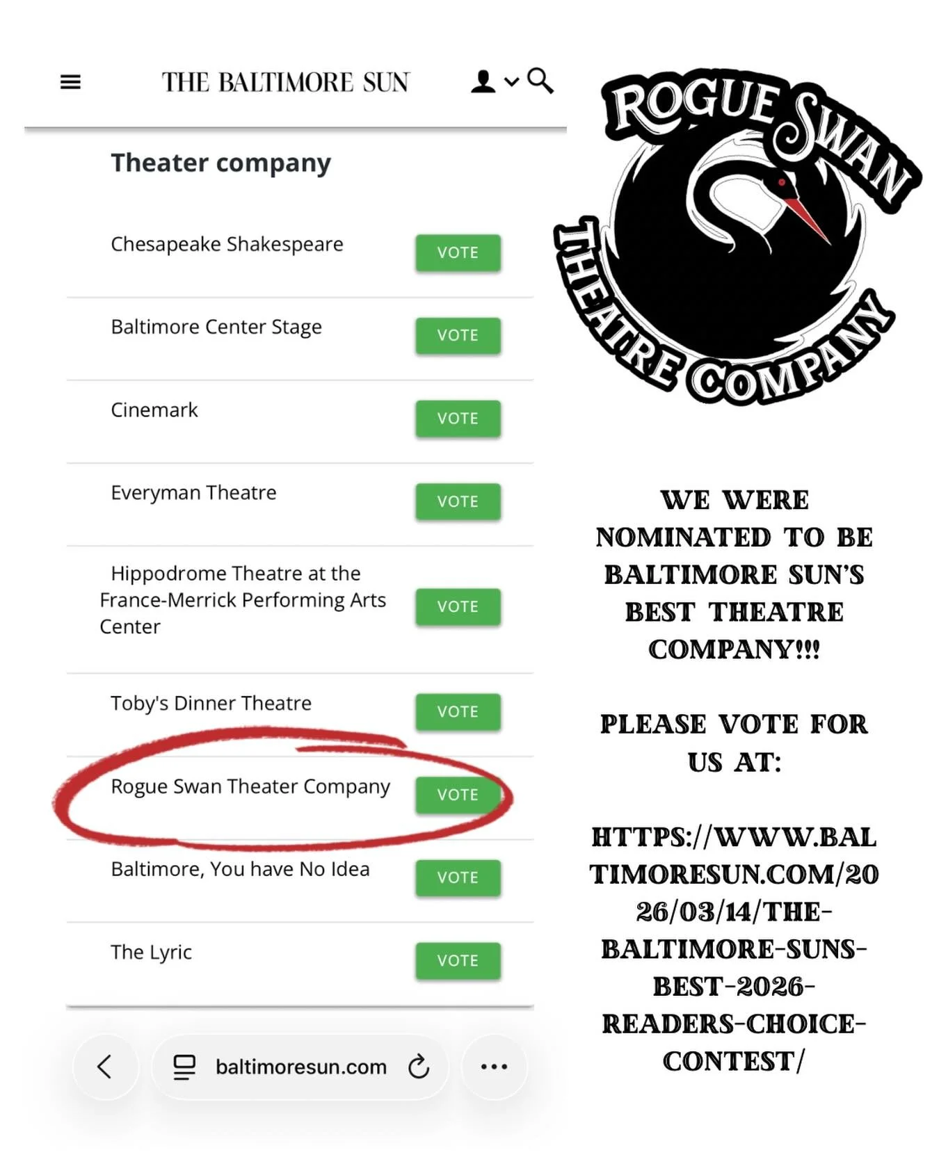 A nomination to be titled the best theatre company in the Baltimore metro came in the other day and we are so honored!!! We are up there with some big names, which feels even more special!

Please take the couple minutes to vote for us on Baltimore S