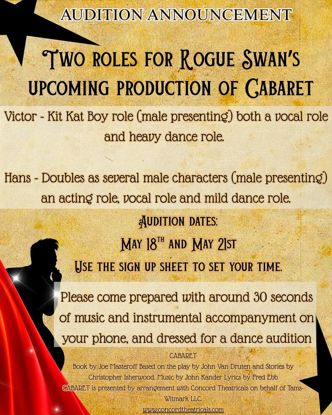 We hope to see you there!! Join the Swans in Berlin 🎼🎹🎭. https://www.signupgenius.com/go/8050F4BAFA928A1FB6-63894715-cabaret  #auditions #havredgrace #harfordcounty #theatre #musical