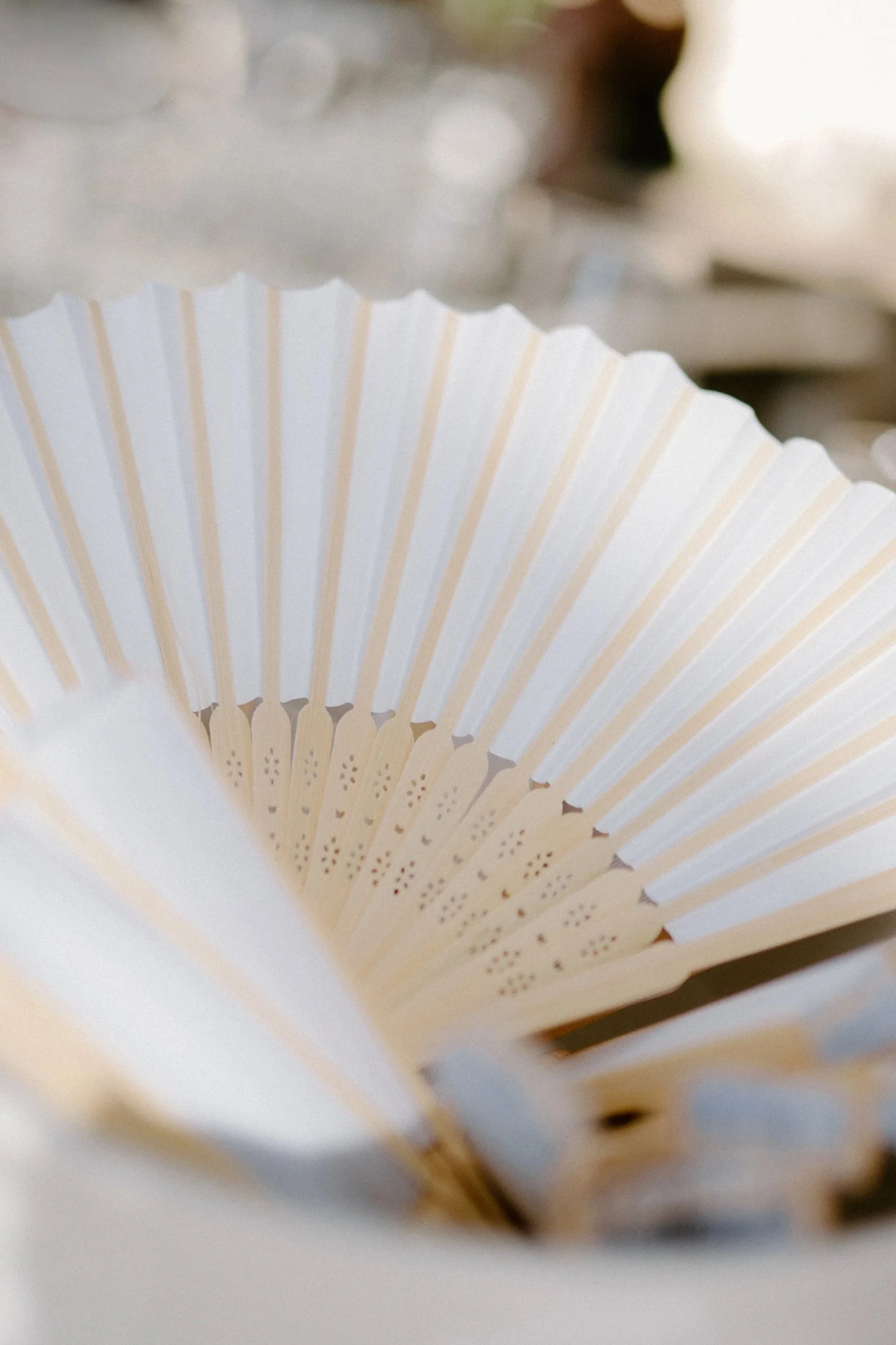 Close-up of a beige paper hand fan with vertical pleats, opened and resting inside a white container.