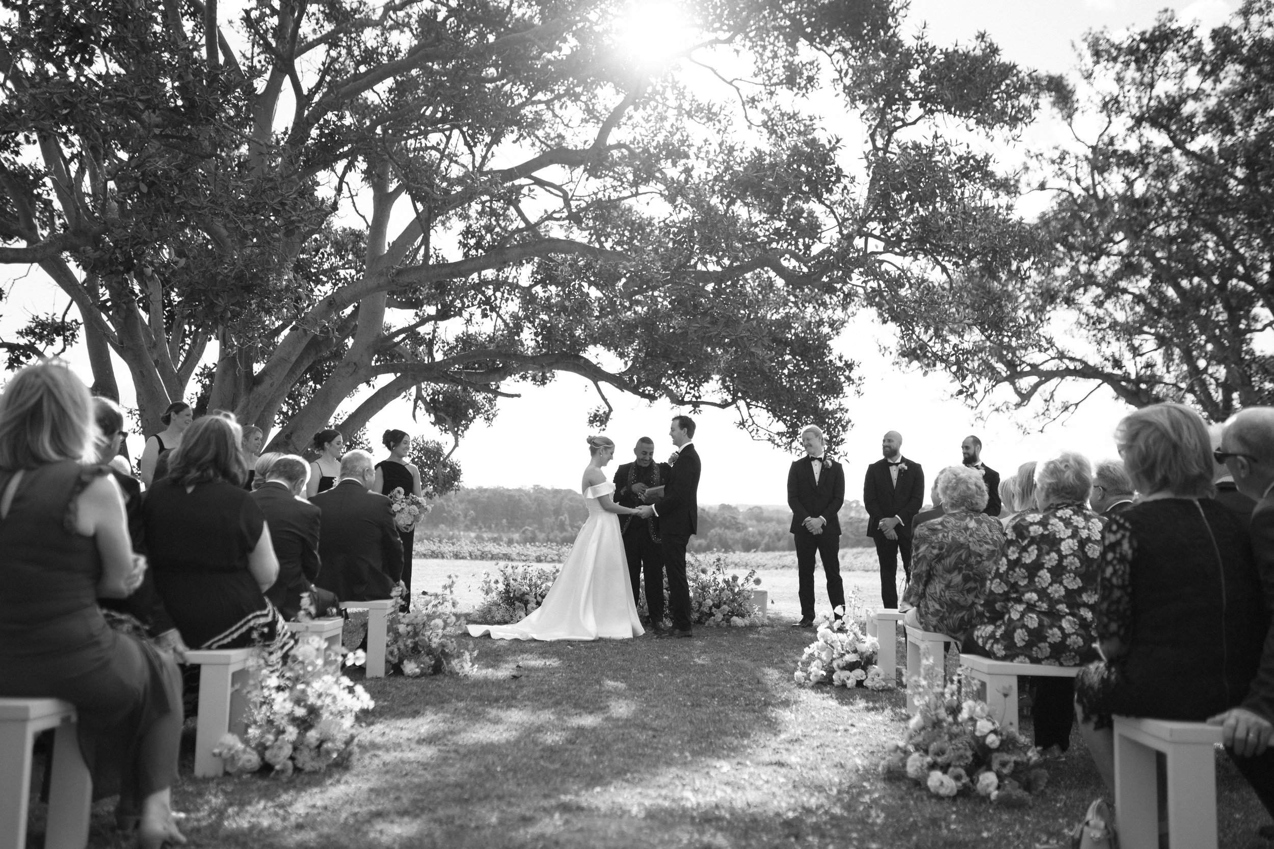 Black and white photo of a wedding ceremony taking place outdoors beneath a large tree with sunlight peeking through the branches. The bride and groom are standing together, exchanging vows while guests are seated on either side. Bimbadgen Palmers 