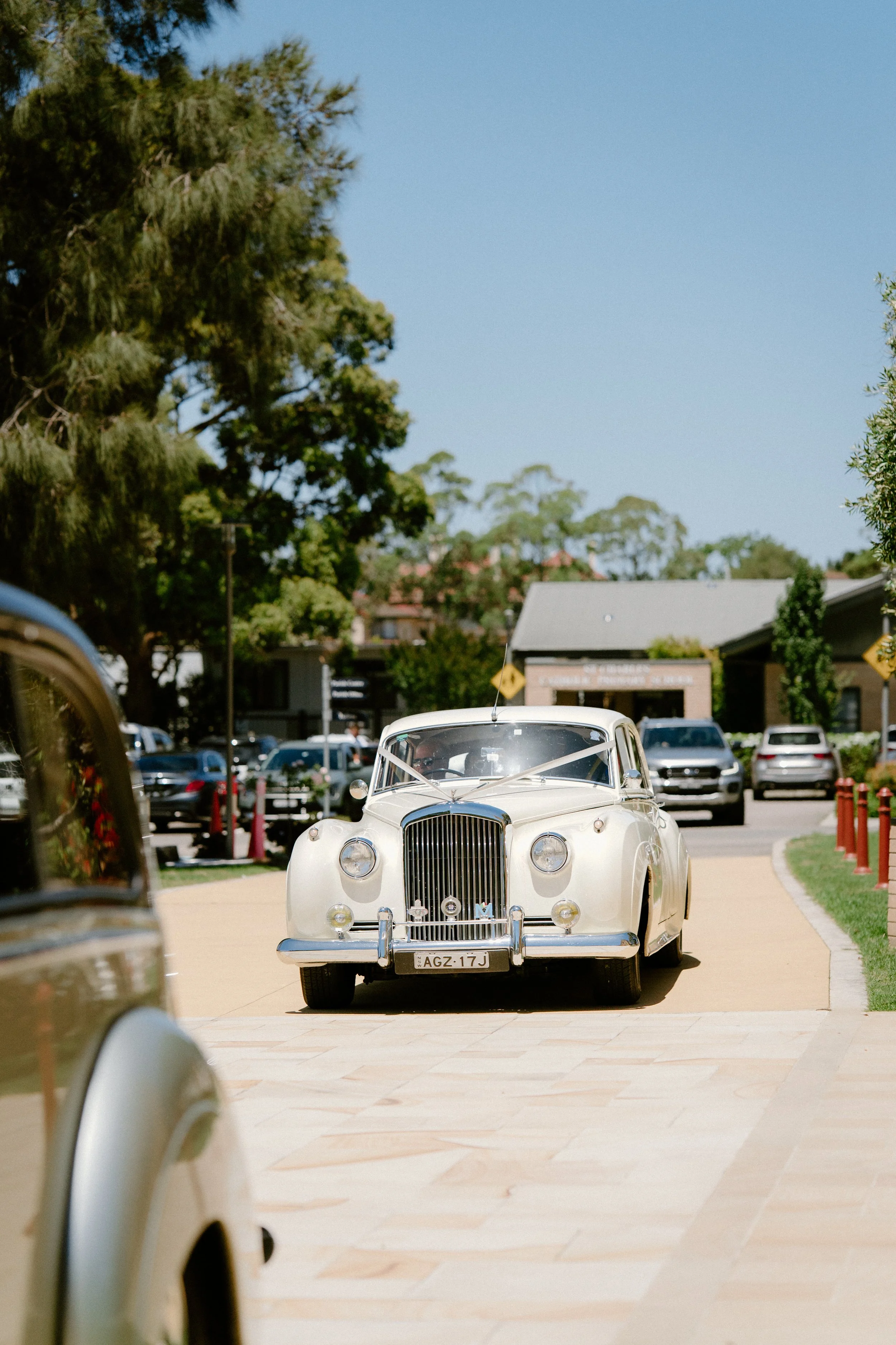 A vintage white car with a decoration on the hood, possibly for a wedding, driving on a paved road in a suburban area with trees, parked cars, and buildings in the background under a clear blue sky.