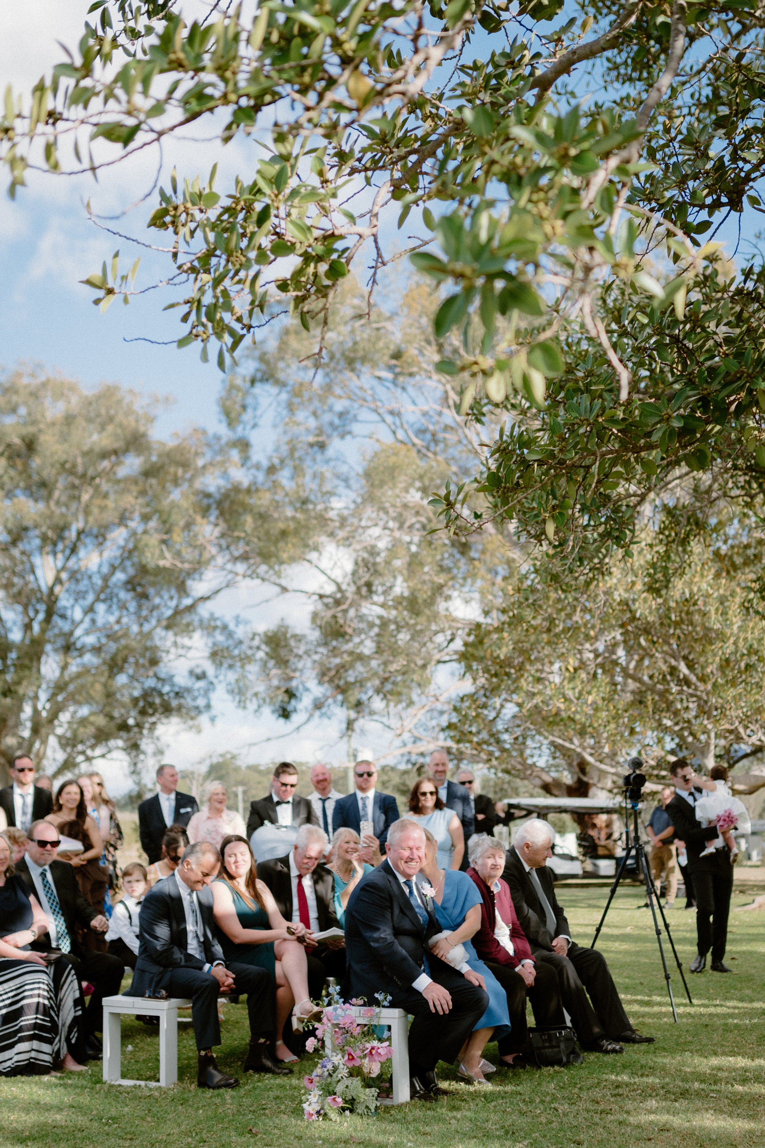 People attending an outdoor wedding ceremony sitting on chairs and benches on grass, with large trees and a blue sky in the background.