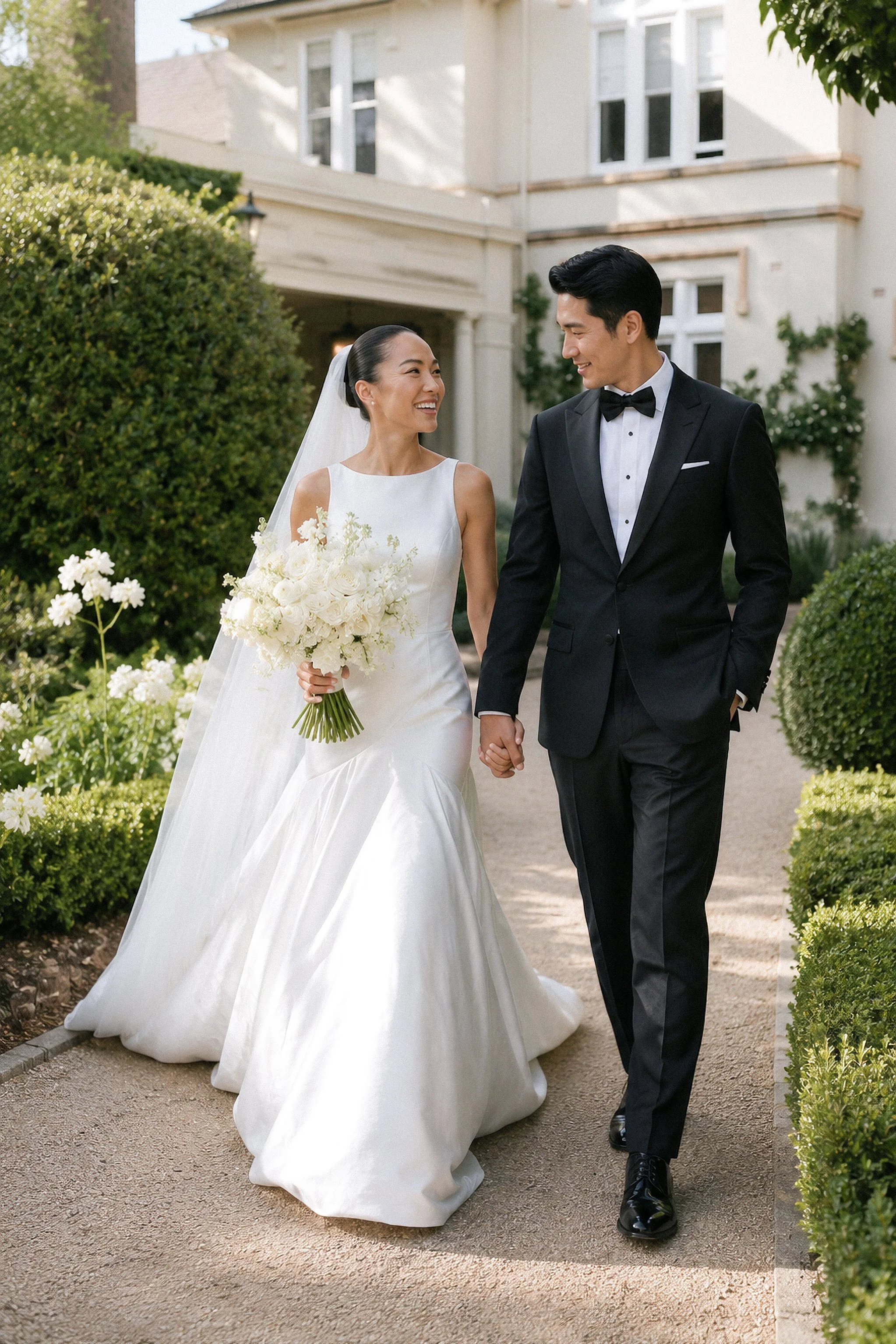 A bride and groom walking hand in hand outdoors in front of a large house with greenery. The bride is wearing a white wedding dress and veil, holding a bouquet of white flowers. The groom is wearing a black tuxedo and bow tie, smiling at the bride.