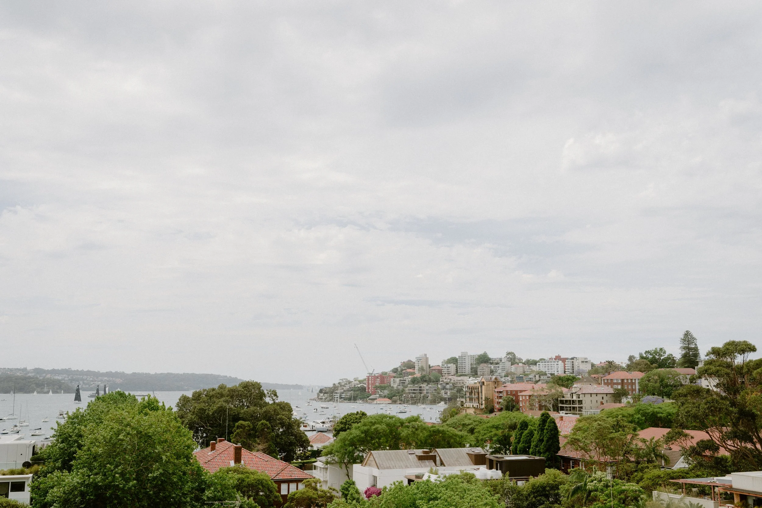 View of a city by the water with houses, trees, and a cloudy sky.